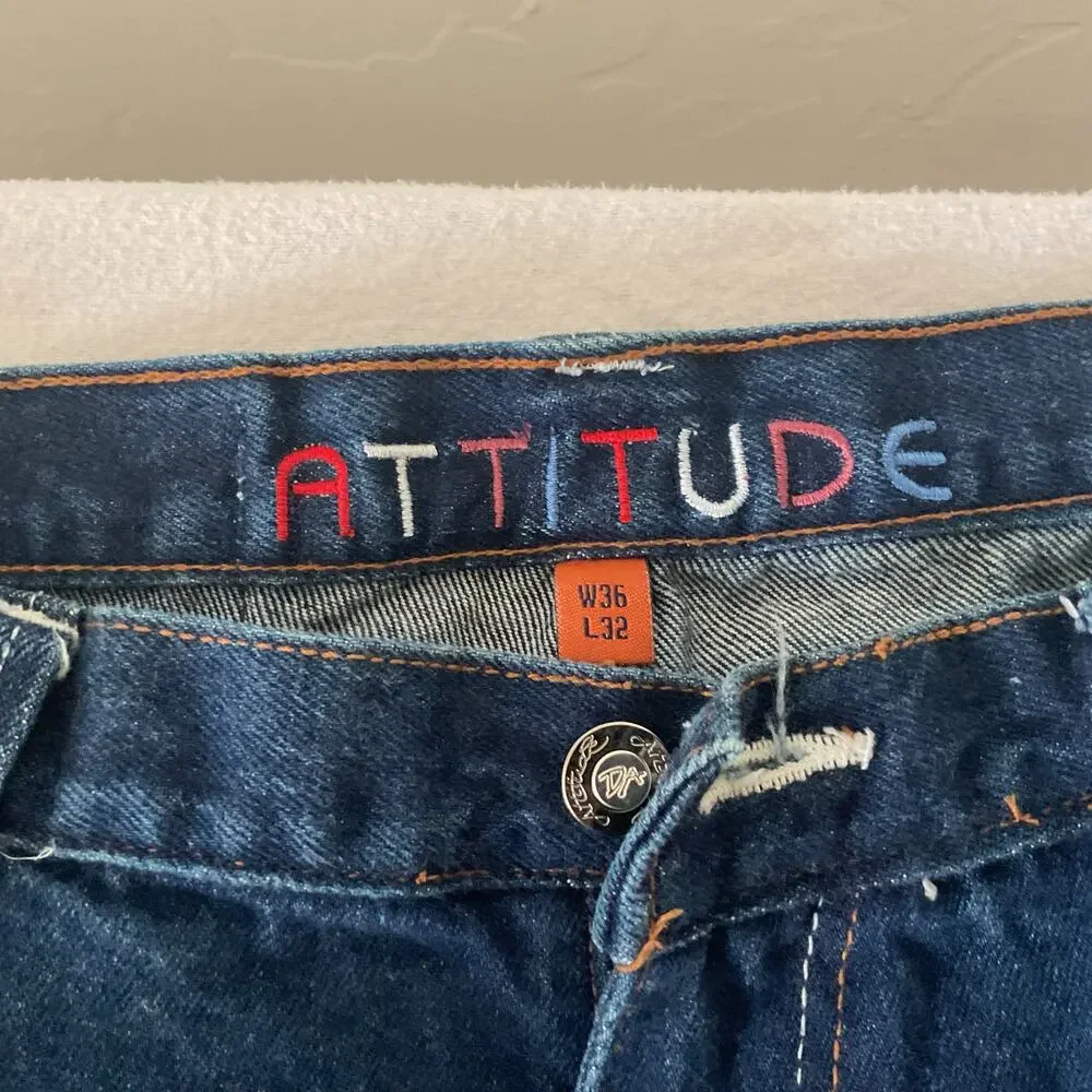 ATTITUDE  Vintage Wide Leg Baggy Jeans with Y2K Sahara Design 36X32 (24)